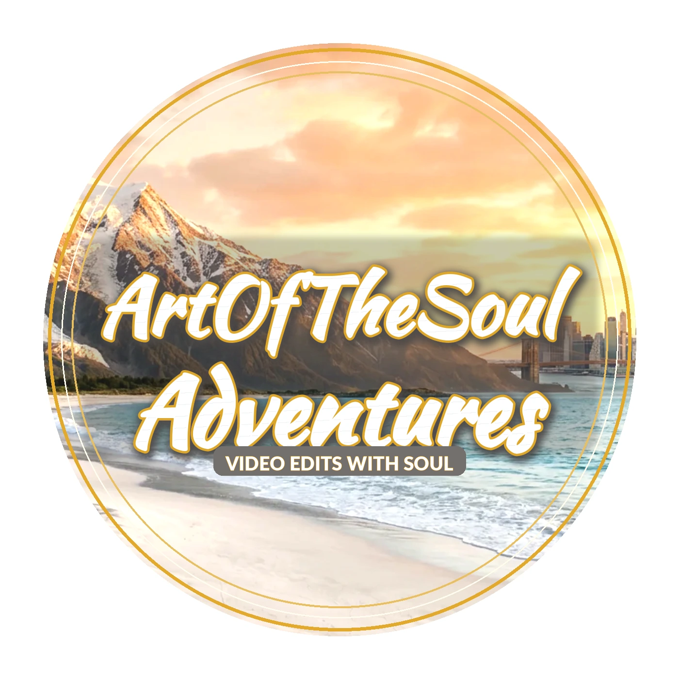 ArtOfTheSoul Adventures circular mountain, city, and beach logo with white script text and gold lining